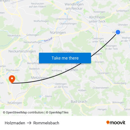 Holzmaden to Rommelsbach map