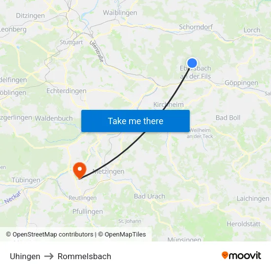 Uhingen to Rommelsbach map