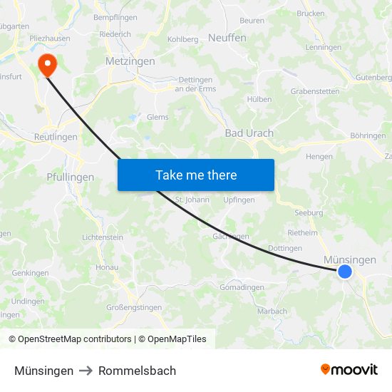 Münsingen to Rommelsbach map