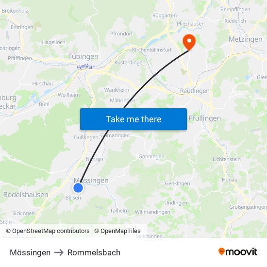 Mössingen to Rommelsbach map
