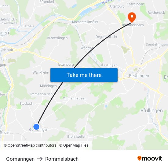 Gomaringen to Rommelsbach map