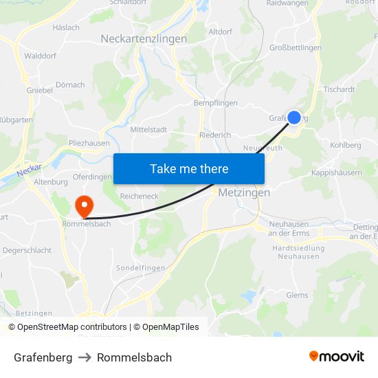 Grafenberg to Rommelsbach map