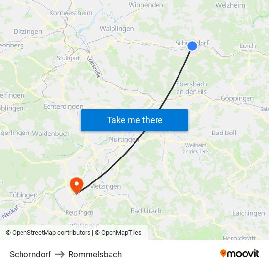 Schorndorf to Rommelsbach map