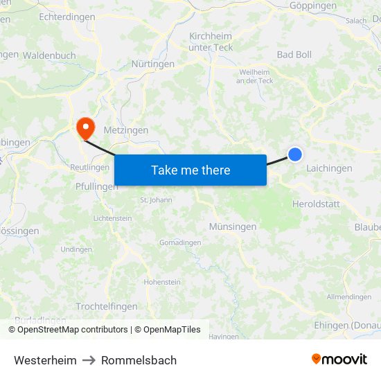 Westerheim to Rommelsbach map