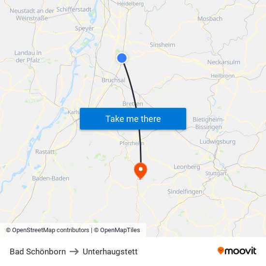 Bad Schönborn to Unterhaugstett map