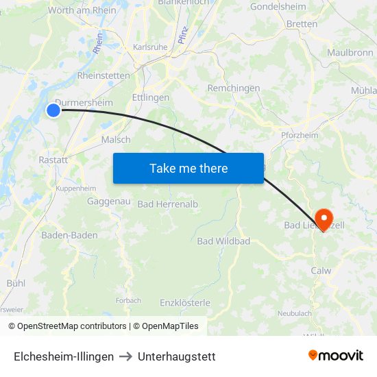 Elchesheim-Illingen to Unterhaugstett map