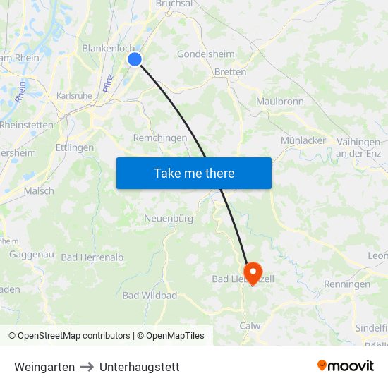 Weingarten to Unterhaugstett map