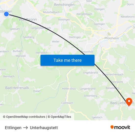 Ettlingen to Unterhaugstett map