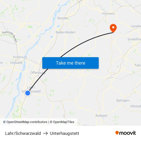 Lahr/Schwarzwald to Unterhaugstett map