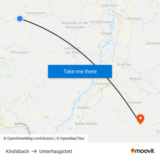 Kindsbach to Unterhaugstett map