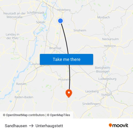 Sandhausen to Unterhaugstett map