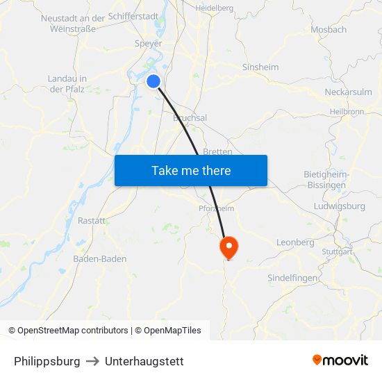 Philippsburg to Unterhaugstett map