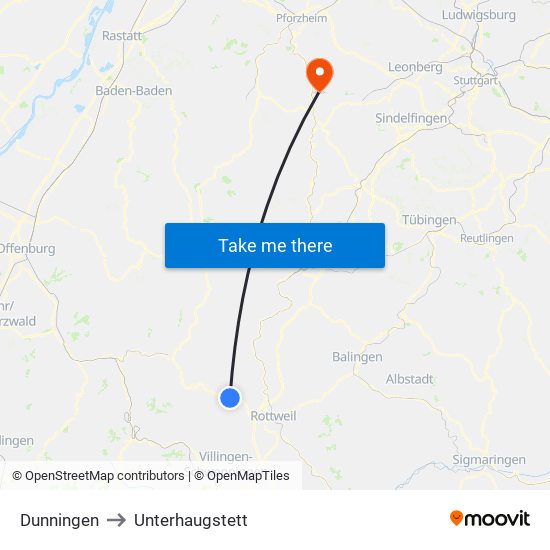 Dunningen to Unterhaugstett map