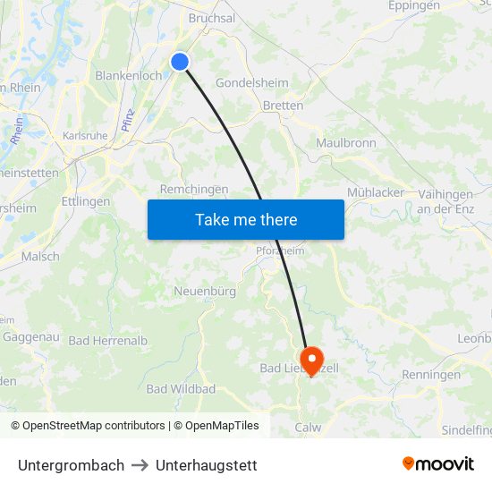 Untergrombach to Unterhaugstett map