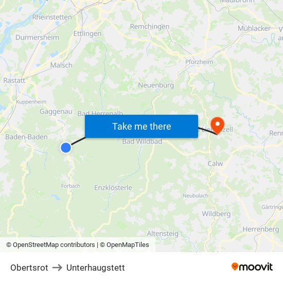 Obertsrot to Unterhaugstett map