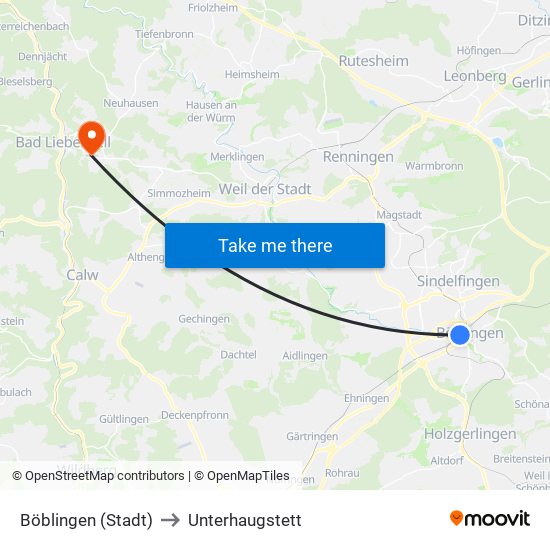 Böblingen (Stadt) to Unterhaugstett map