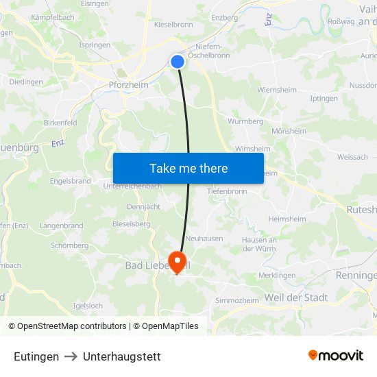 Eutingen to Unterhaugstett map