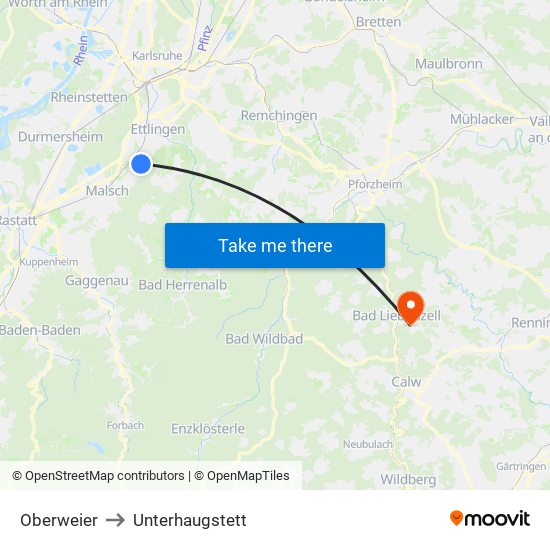 Oberweier to Unterhaugstett map