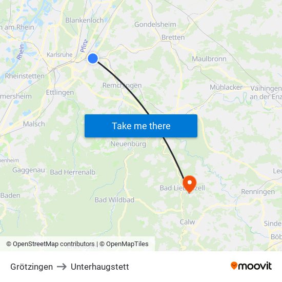 Grötzingen to Unterhaugstett map