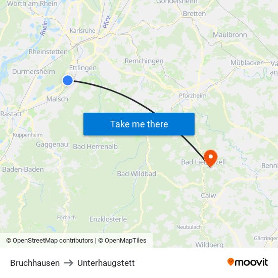 Bruchhausen to Unterhaugstett map