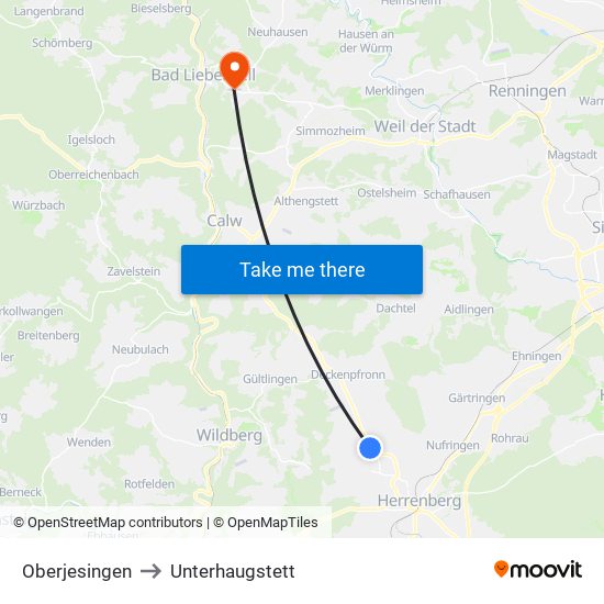 Oberjesingen to Unterhaugstett map