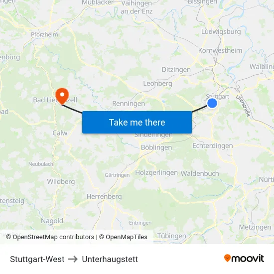 Stuttgart-West to Unterhaugstett map
