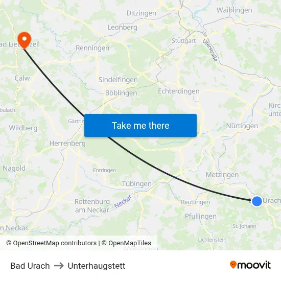 Bad Urach to Unterhaugstett map