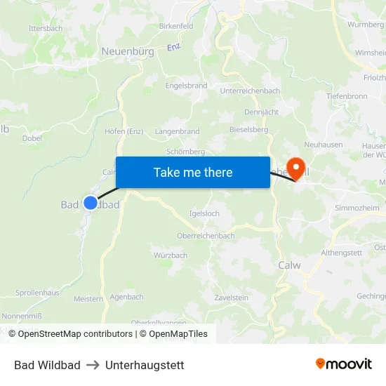 Bad Wildbad to Unterhaugstett map