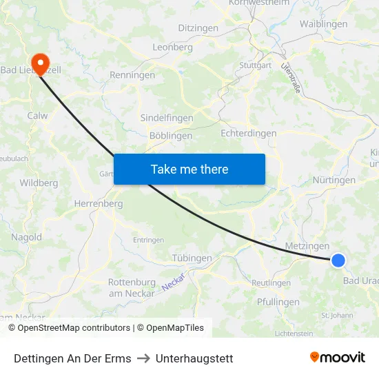 Dettingen An Der Erms to Unterhaugstett map
