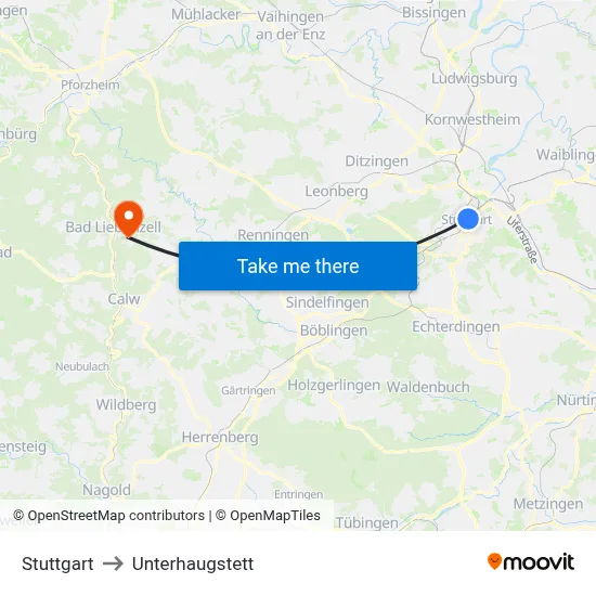 Stuttgart to Unterhaugstett map