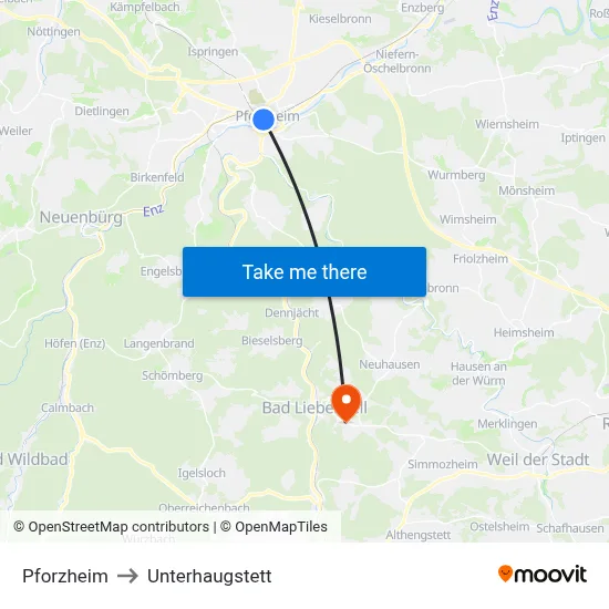 Pforzheim to Unterhaugstett map