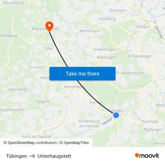 Tübingen to Unterhaugstett map