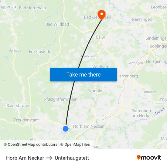 Horb Am Neckar to Unterhaugstett map