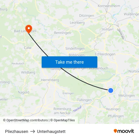 Pliezhausen to Unterhaugstett map