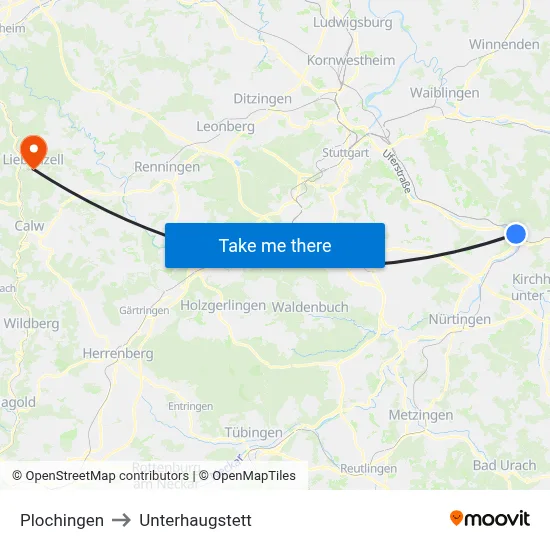 Plochingen to Unterhaugstett map