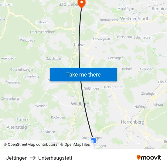 Jettingen to Unterhaugstett map