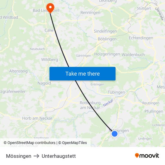 Mössingen to Unterhaugstett map