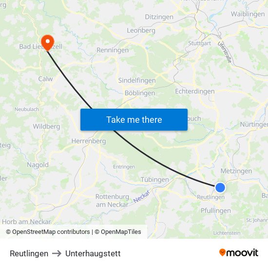 Reutlingen to Unterhaugstett map