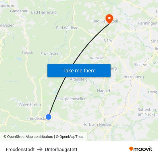 Freudenstadt to Unterhaugstett map