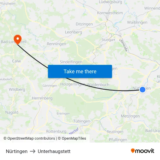 Nürtingen to Unterhaugstett map