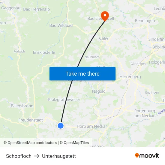 Schopfloch to Unterhaugstett map