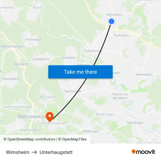 Wimsheim to Unterhaugstett map