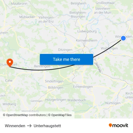 Winnenden to Unterhaugstett map