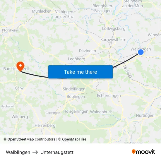 Waiblingen to Unterhaugstett map