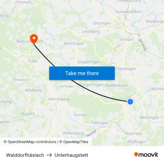 Walddorfhäslach to Unterhaugstett map