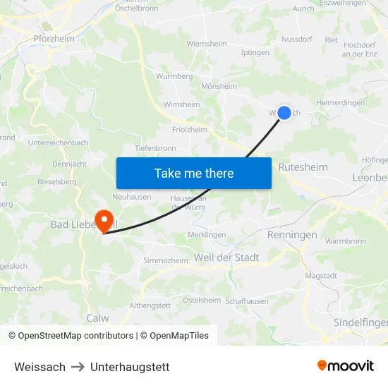 Weissach to Unterhaugstett map