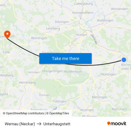 Wernau (Neckar) to Unterhaugstett map
