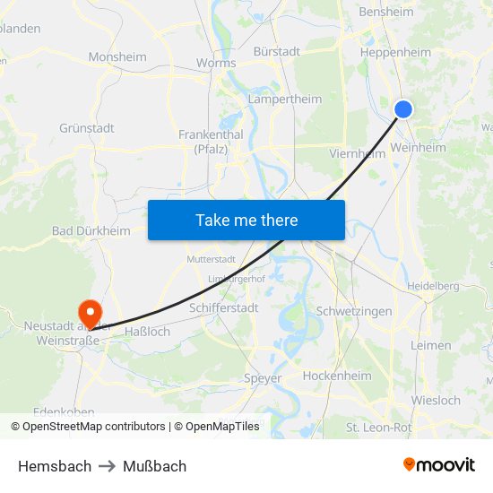 Hemsbach to Mußbach map