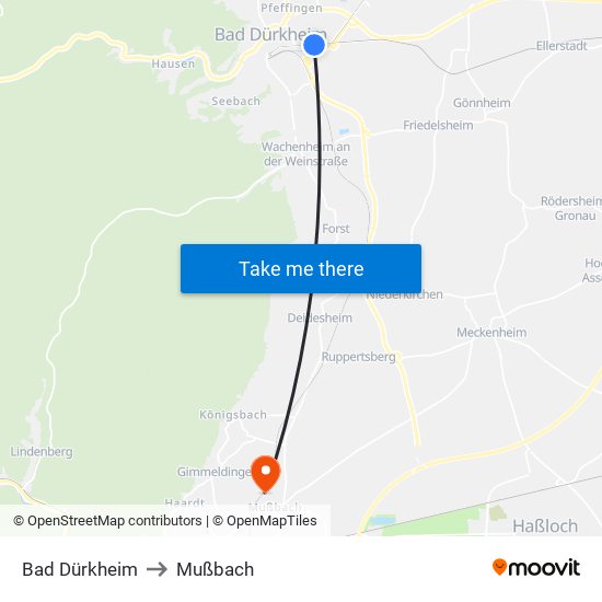 Bad Dürkheim to Mußbach map