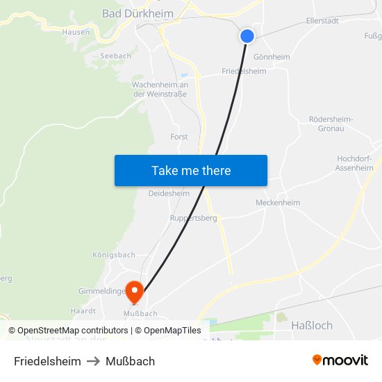 Friedelsheim to Mußbach map